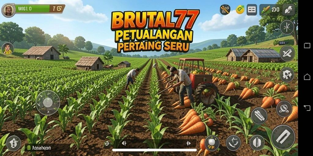 Tampilan gameplay BRUTAL77 dengan suasana pertanian yang menawan.