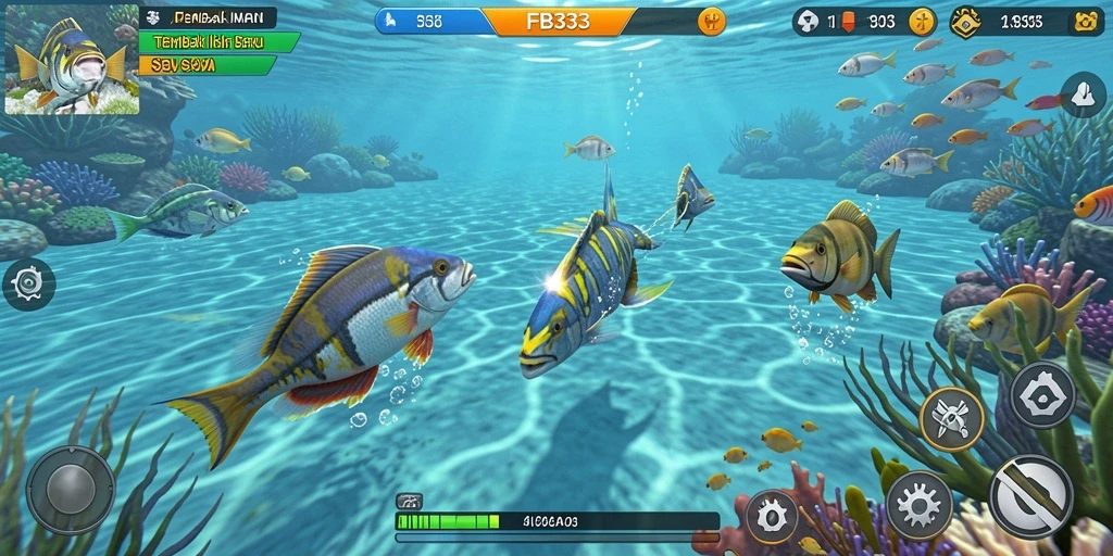 Screenshot gameplay FB333 yang menunjukkan aksi menembak ikan.